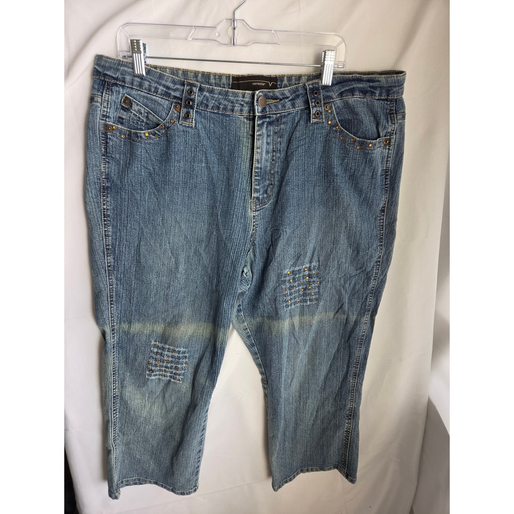 Venezia Blue Denim Studded Cropped Jeans Capris Medium Wash Womens Plus